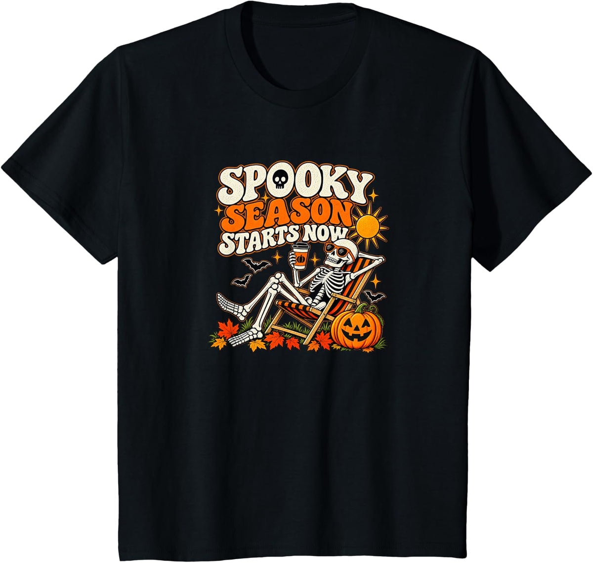 Spooky Season Starts Now Funny Skeleton Halloween T-Shirt - Black