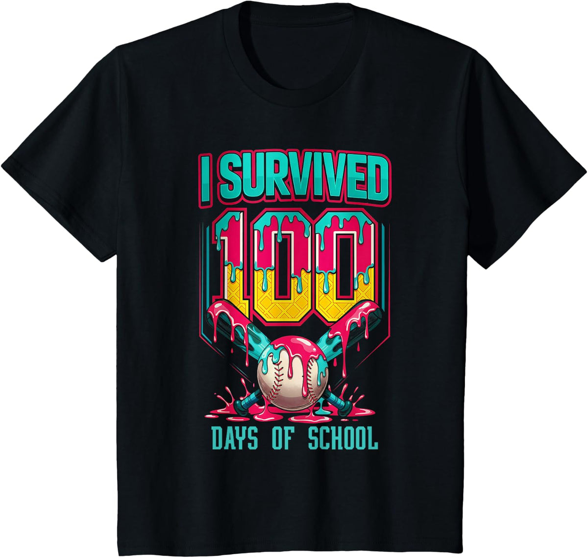 100 Days of School Baseball Ice Cream Drip T-Shirt Tees for Boys Kids Students - Black