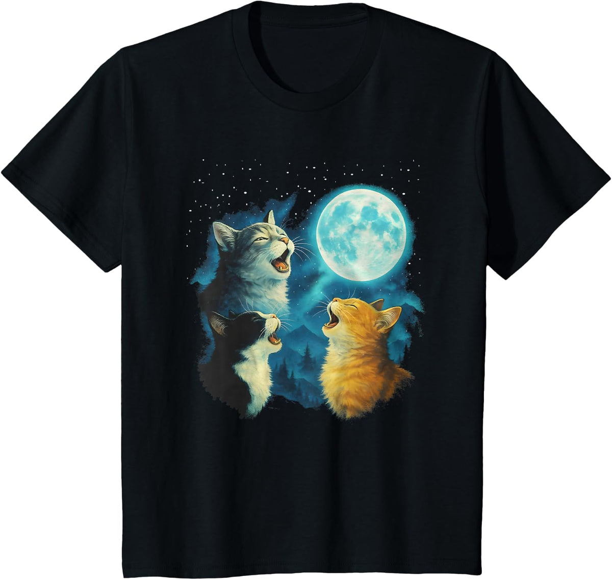 Three Cat Howling At Moon, 90s Cats Meowing At The Moon T-Shirt - Black