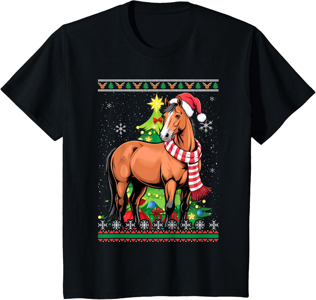 Santa Horse Ugly Sweater Animals Christmas Pajama T-Shirt - Black