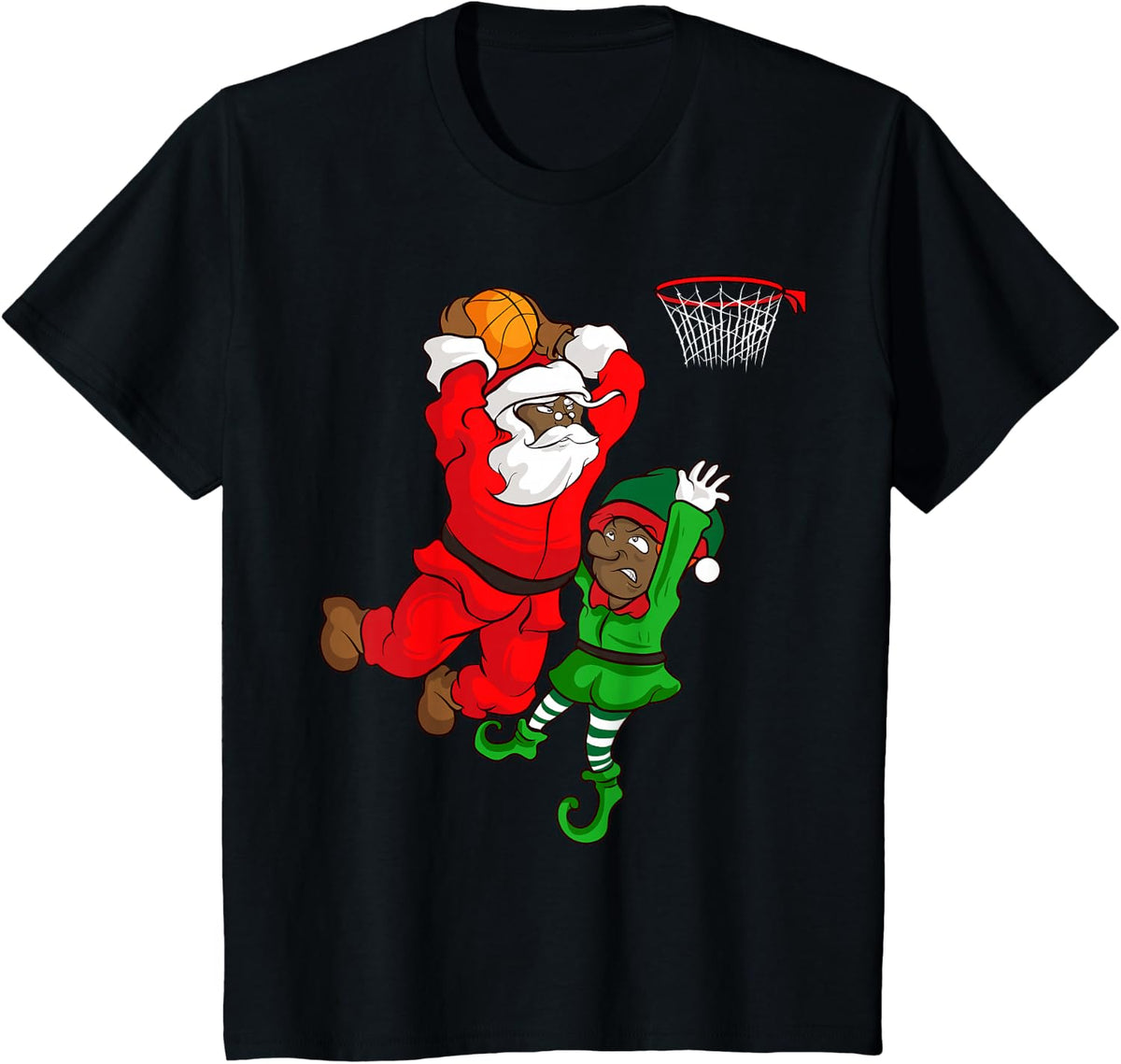 Basketball Black African American Santa Claus Dunk Elf T-Shirt - Black
