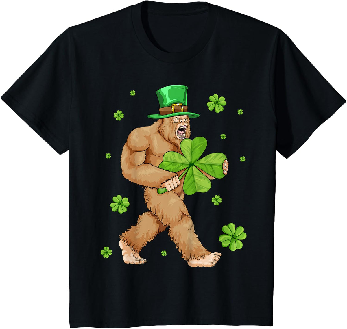 Irish Bigfoot St Patricks Day Leprechaun Sasquatch Shamrock T-Shirt - Black