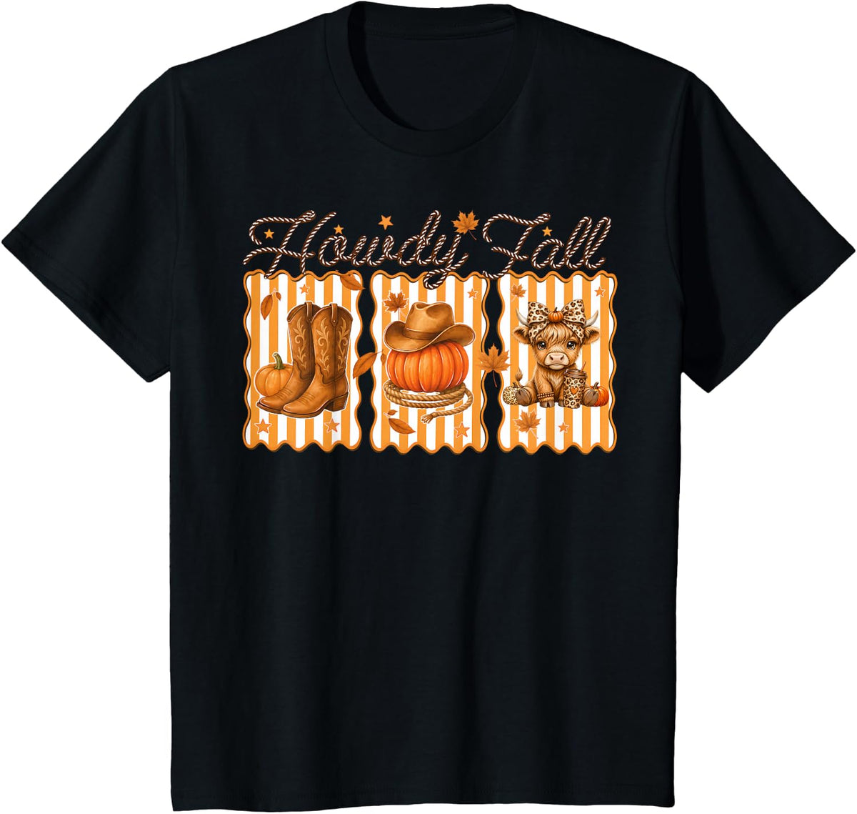 Howdy Fall Highland Cow Leopard Bow Pumpkin Cowboy Boots Hat T-Shirt - Black