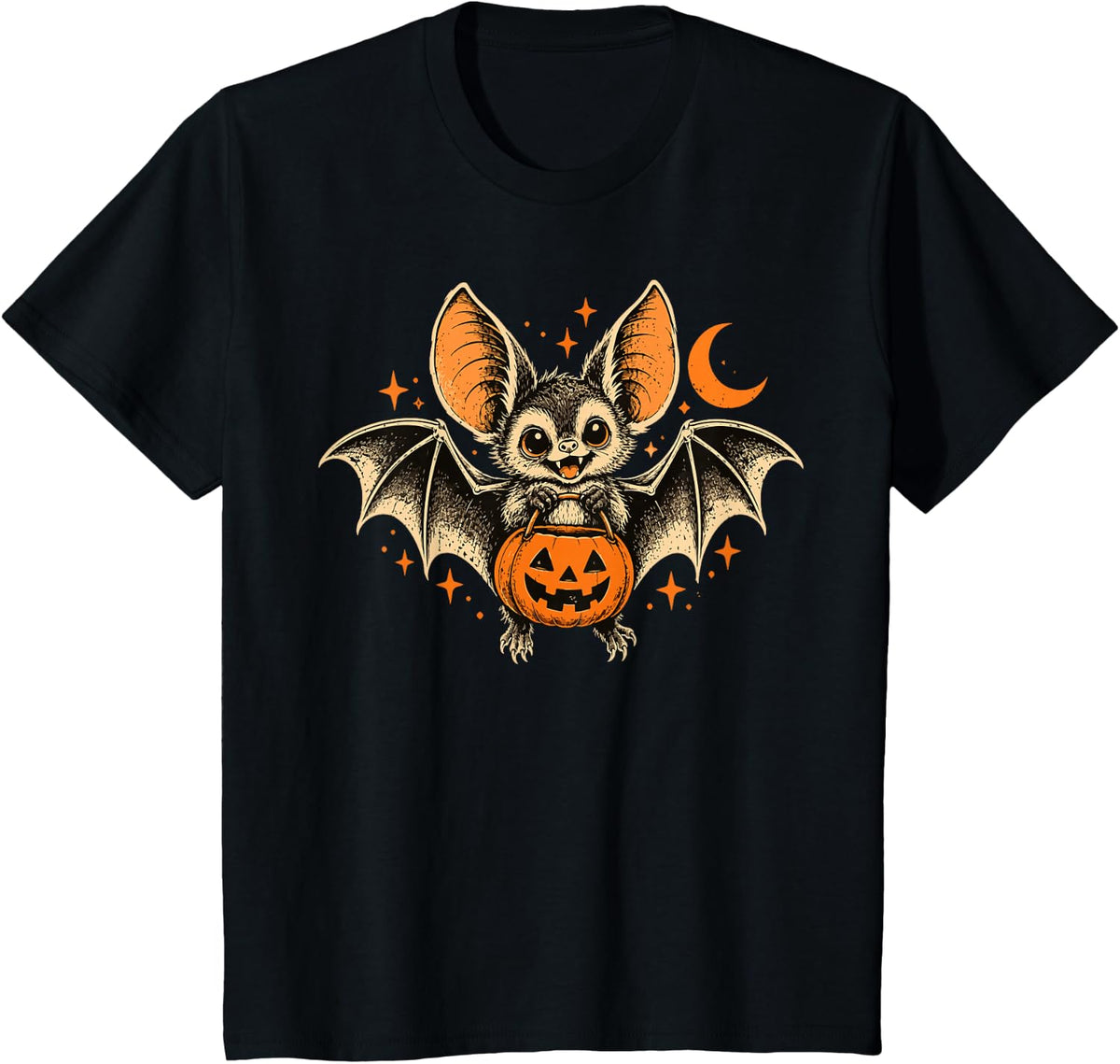 Retro Halloween Bat Spooky Season Bat Jack O Lantern T-Shirt - Black