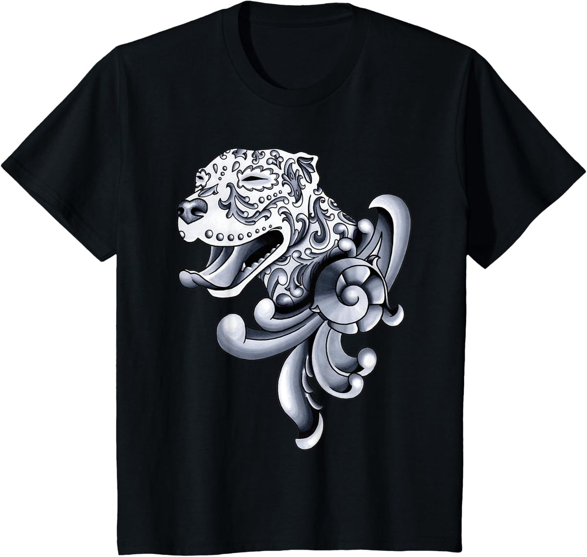 Ornamental Pitbull - Black and Gray Filigree Pit Bull T-Shirt - Black