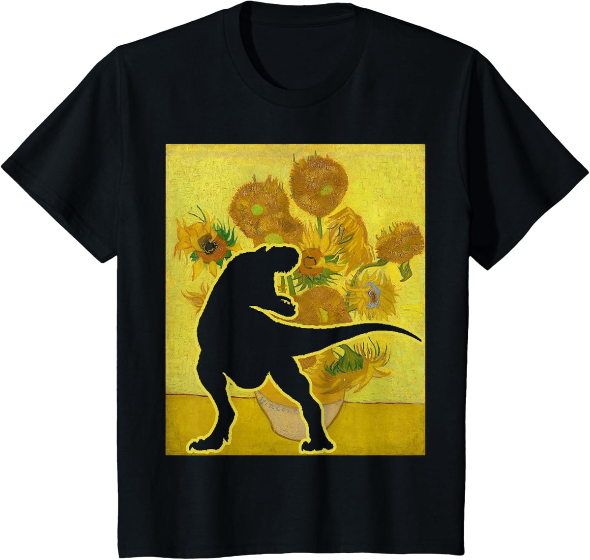 Dinosaur Sunflowers T Rex Van Gogh Funny Paleontologist T-Shirt - Black