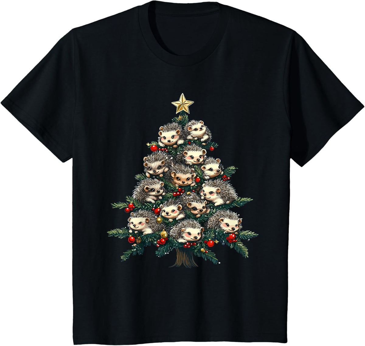 Hedgehog Christmas Tree Funny Hedgehog Xmas T-Shirt - Black