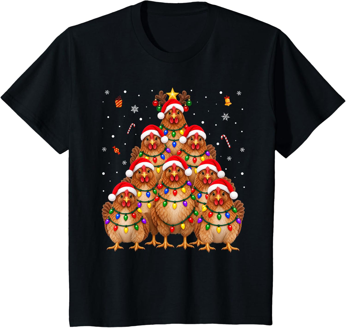 Chicken Christmas Tree Santa Hats Lights Xmas T-Shirt - Black