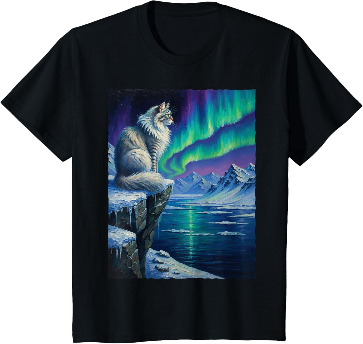 Norwegian Forest Cat Northern Lights Aurora Borealis T-Shirt - Black