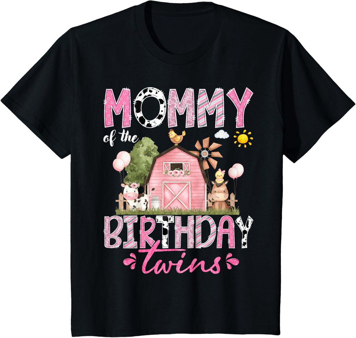 Mommy of The Birthday Twins Pink Barnyard Farm Animals T-Shirt - Black