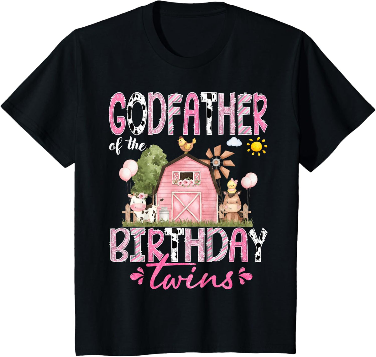 Godfather of The Birthday Twins Pink Barnyard Farm Animals T-Shirt - Black