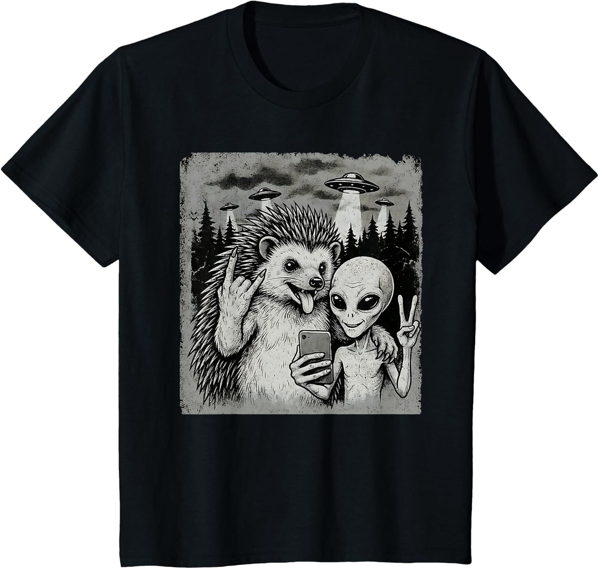 Funny Hedgehog and Alien Rock On Hand Sign UFO Selfie T-Shirt - Black