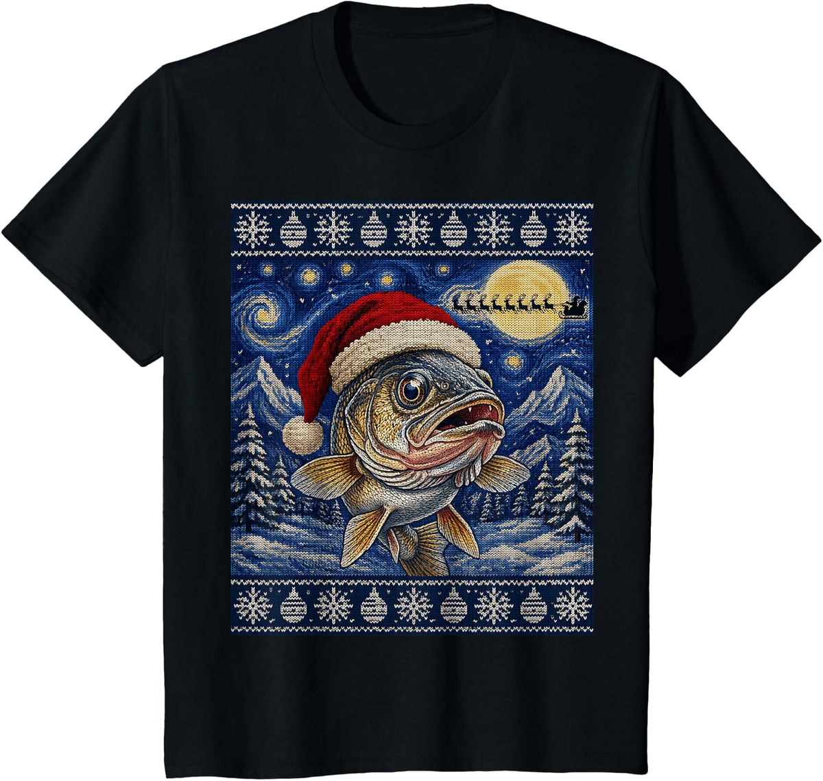 Walleye Fish Santa Ugly Christmas T-Shirt - Black