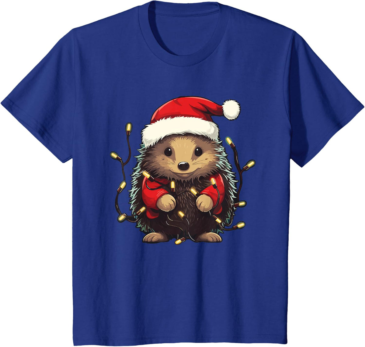 Cute Hedgehog Christmas Lights Santa Hat Xmas Pajama T-Shirt - Royal Blue