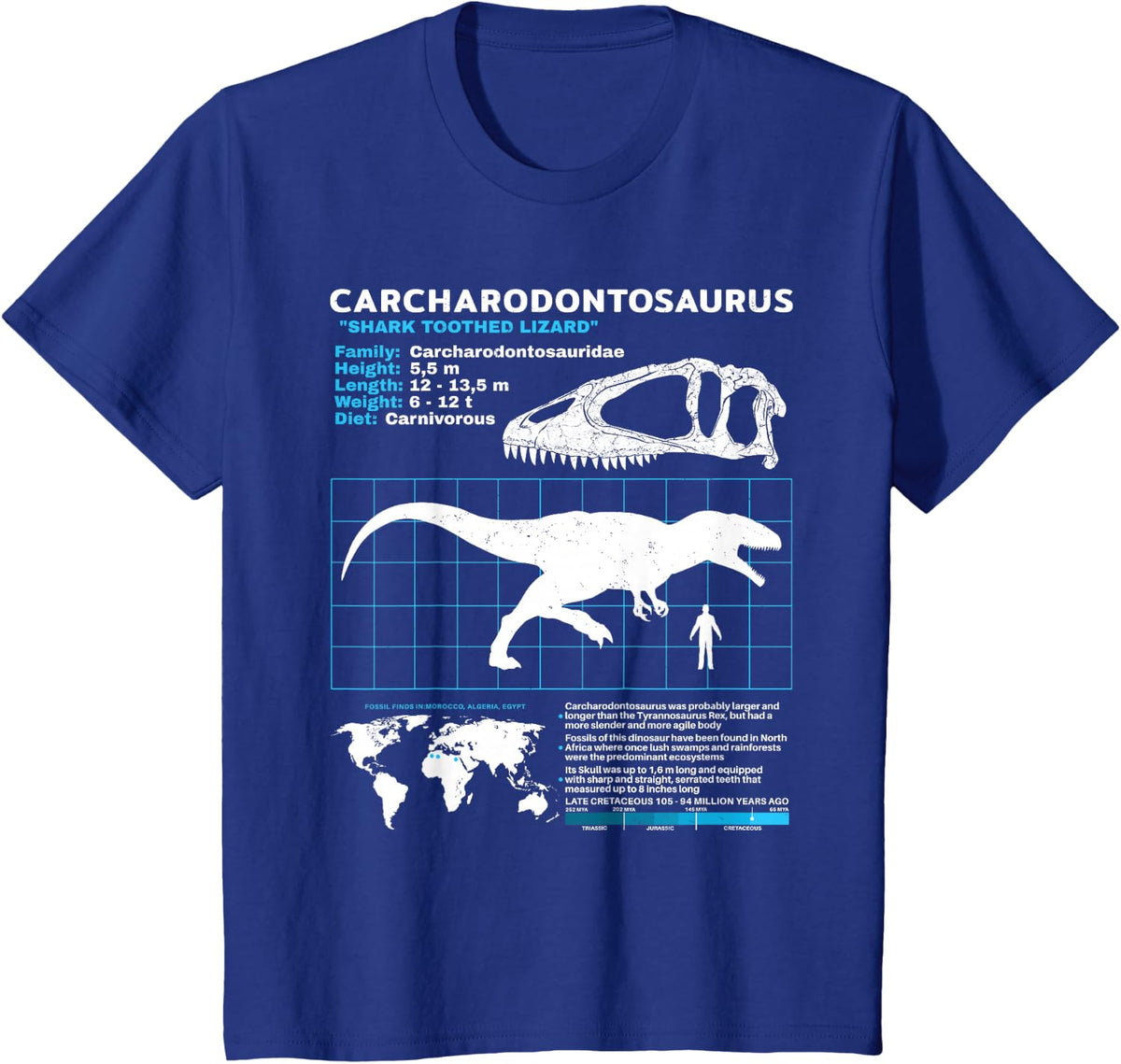 Carcharodontosaurus fact sheet Dinosaur Facts T-Shirt - Royal Blue