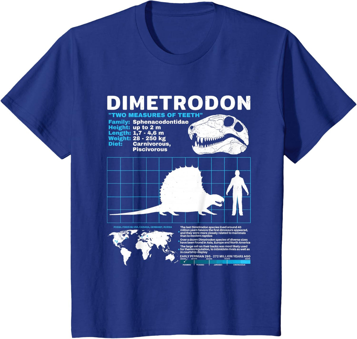 Dimetrodon Fact Sheet Dinosaur Tees and T Shirts for Paleontology Lovers - Royal Blue