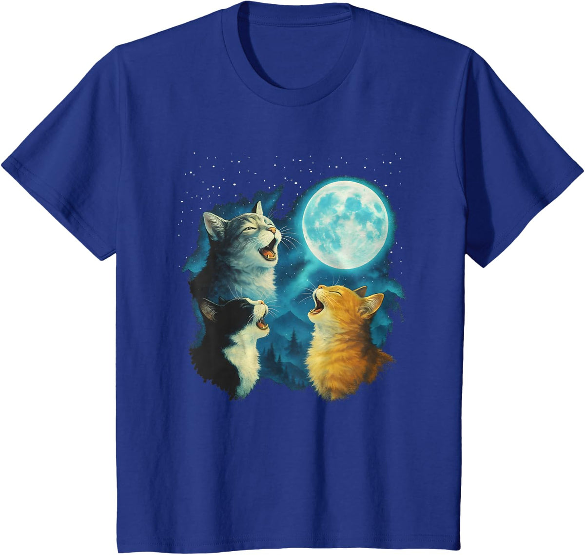 Three Cat Howling At Moon, 90s Cats Meowing At The Moon T-Shirt - Royal Blue