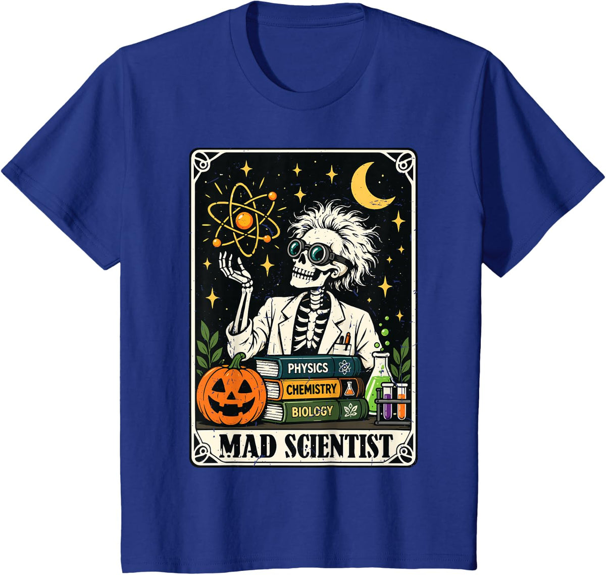 Mad Scientist Skeleton Science Teacher Halloween Costume T-Shirt - Royal Blue