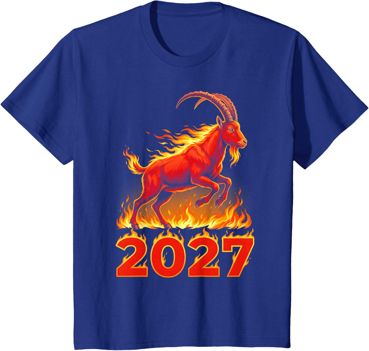 Year of the Fire Goat 2027 Flaming Goat Over Wildfire T-Shirt - Royal Blue