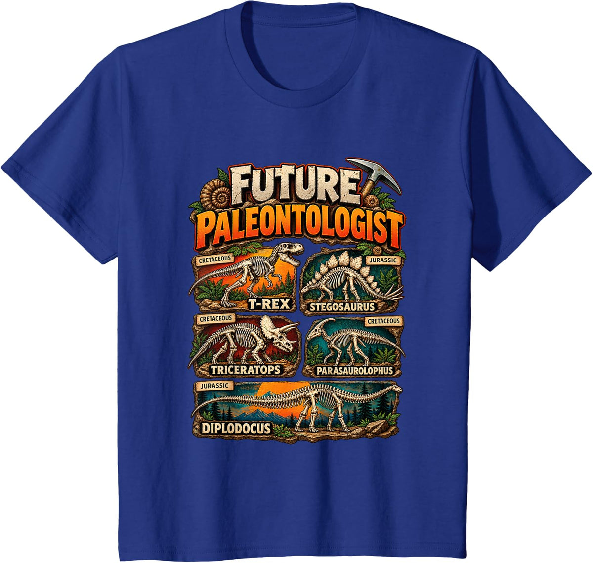 Future Paleontologist Dinosaur Fossil T Rex Stegosaurus T-Shirt - Royal Blue