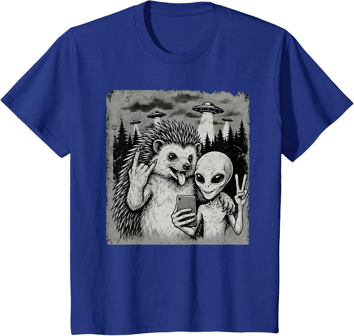 Funny Hedgehog and Alien Rock On Hand Sign UFO Selfie T-Shirt - Royal Blue