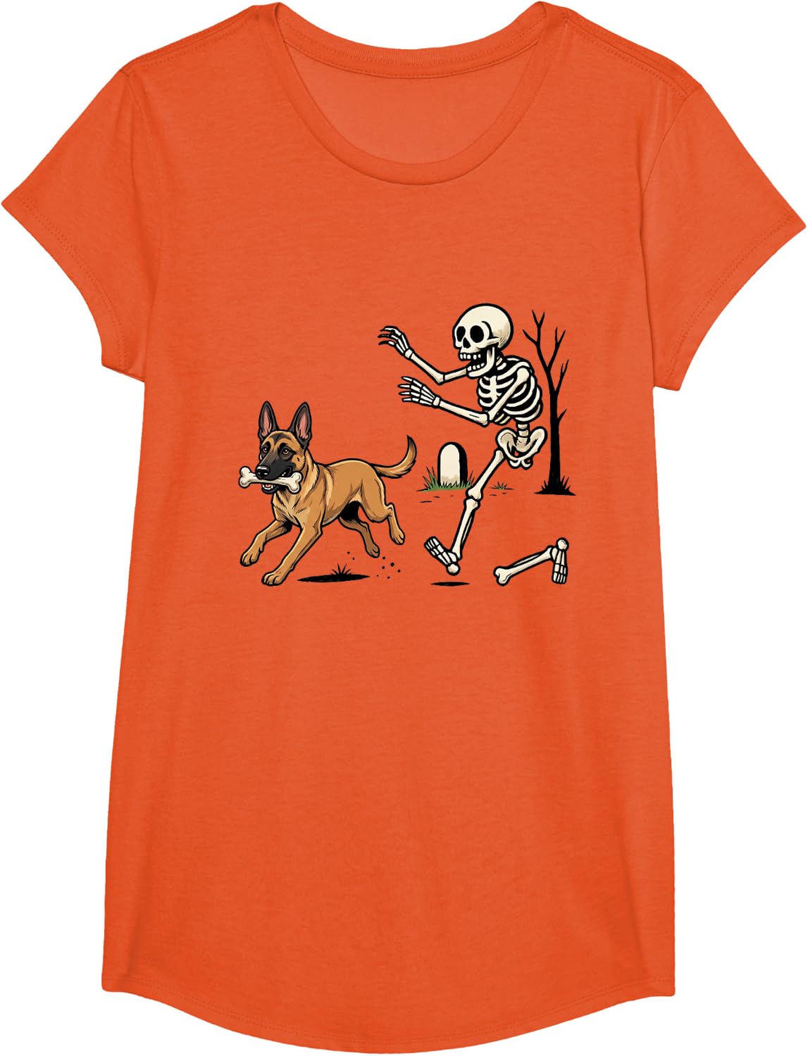 Funny Belgian Malinois Dog Stealing Skeleton Bone Halloween T-Shirt - Girls Orange