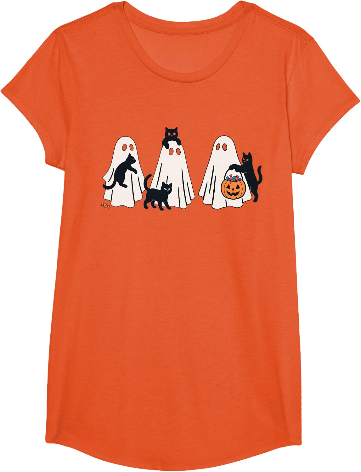 Cute Black Cats and Ghosts Funny Halloween Costume T-Shirt - Girls Orange