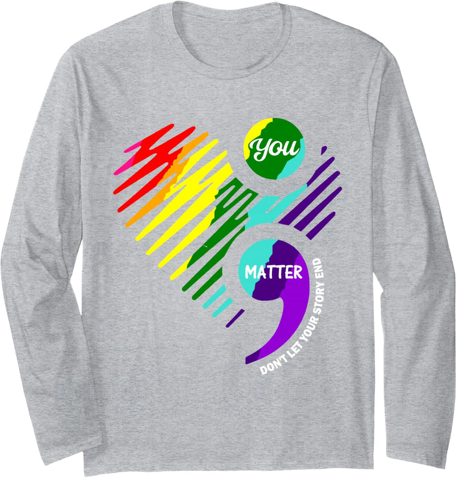 Semicolon Mental Health Awareness Shirt Long Sleeve T-Shirt - Adult Unisex Heather Grey