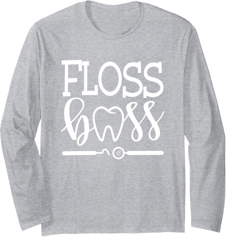 Floss Boss Dentist, Dental Hygienist & Assistant Gift Long Sleeve T-Shirt - Adult Unisex Heather Grey