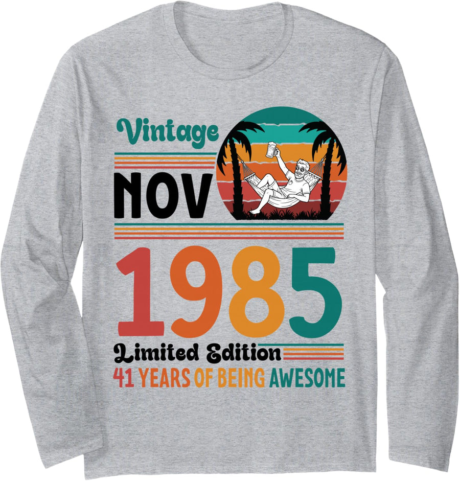 Vintage November 1985 Ltd Edition 41 Years of Being Awesome Long Sleeve T-Shirt - Adult Unisex Heather Grey
