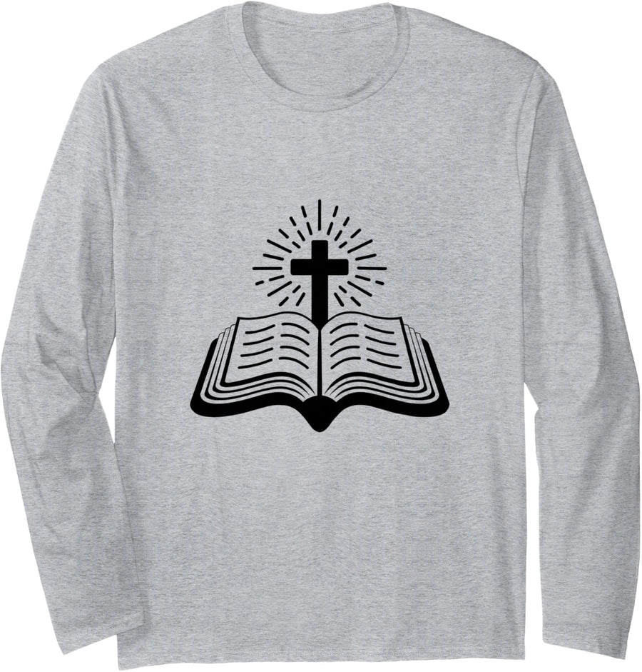 Bible and Cross Men and Women Christian Bible Studies Long Sleeve T-Shirt - Adult Unisex Heather Grey
