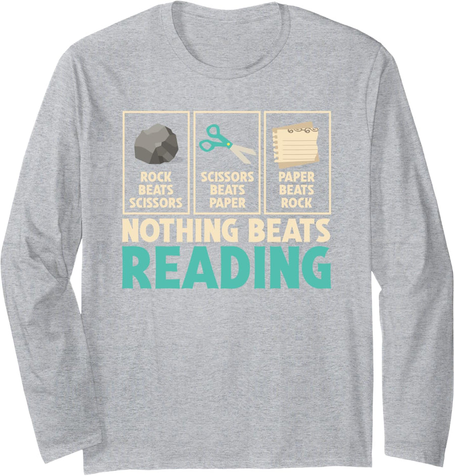 Nothing Beats Reading Rock Scissors Paper Bookworm Librarian Long Sleeve T-Shirt - Adult Unisex Heather Grey
