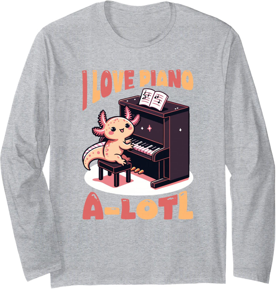 Adorable Axolotl Piano Player Music A-LOTL Pun Long Sleeve T-Shirt - Adult Unisex Heather Grey