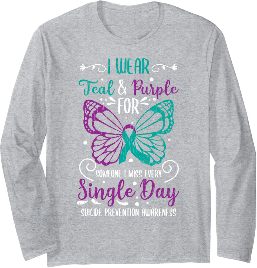I Wear Teal And Purple Suicide Prevention Awareness Graphic Long Sleeve T-Shirt - Adult Unisex Heather Grey