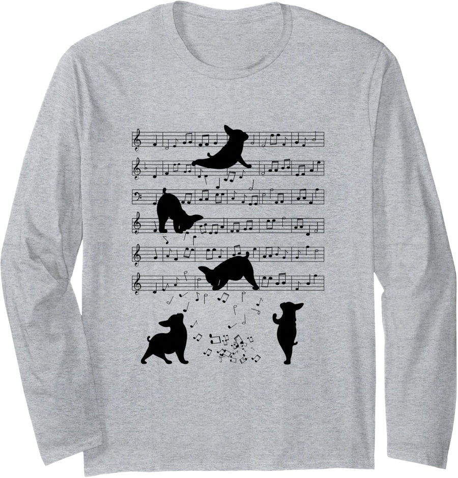 Funny French Bulldog Yoga Music Playing with Notes Long Sleeve T-Shirt - Adult Unisex Heather Grey