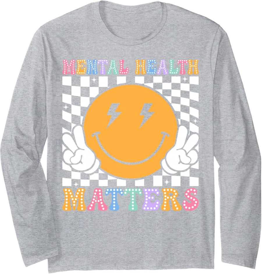 Retro Mental Health Matters Human Brain Illness Awareness Long Sleeve T-Shirt - Adult Unisex Heather Grey