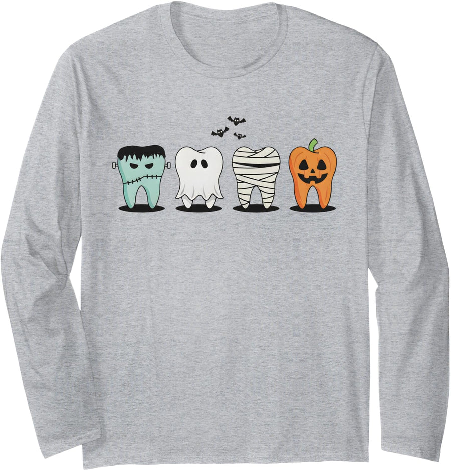 Halloween Cute Spooky Teeth Dentist Dental Hygienist Long Sleeve T-Shirt - Adult Unisex Heather Grey