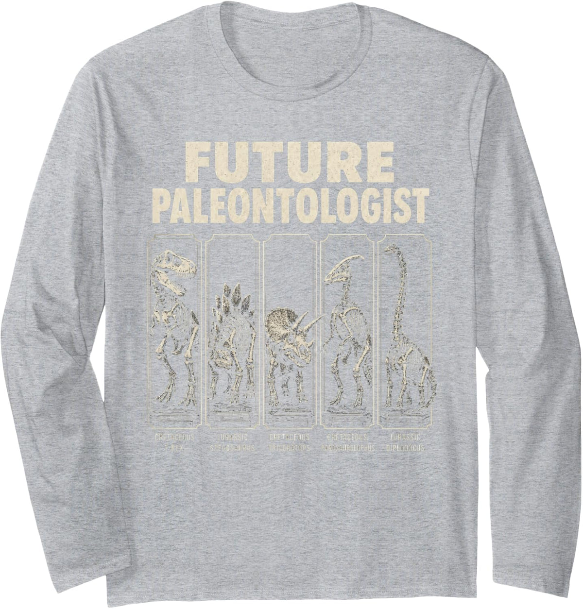 Dinosaur Future Paleontologist T Rex Skeleton Fossil Chart Long Sleeve T-Shirt - Adult Unisex Heather Grey