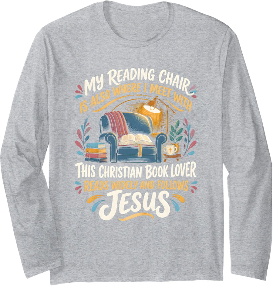 Christ Jesus God Bible Bookworm Library Christian Book Lover Long Sleeve T-Shirt - Adult Unisex Heather Grey