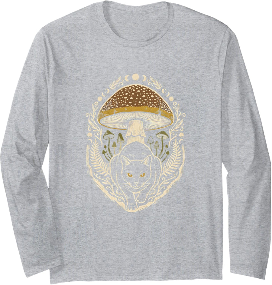 Cat Under Amanita Mushroom Moon Botanical Cottagecore Long Sleeve T-Shirt - Adult Unisex Heather Grey