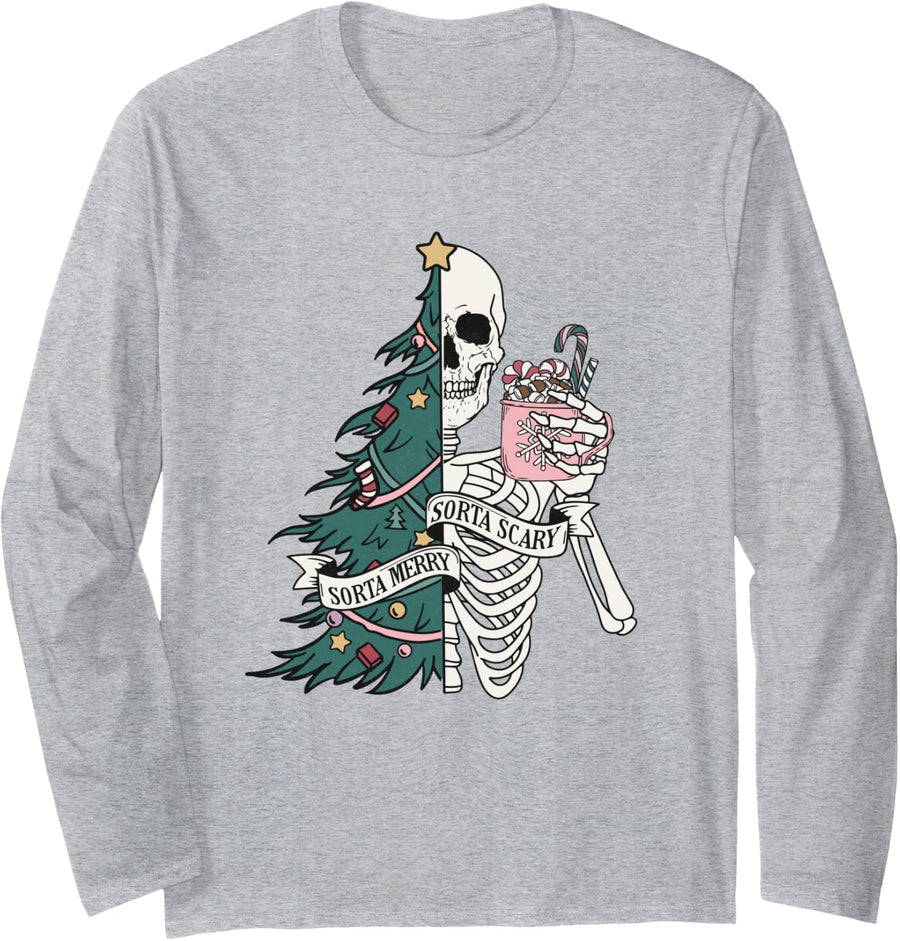 Christmas Horror, Skeleton Sorta Merry Scary, Dark Humor Long Sleeve T-Shirt - Adult Unisex Heather Grey