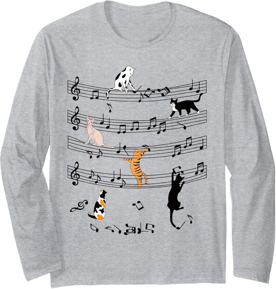 Cute Cat Kitty Playing Music Note Clef Funny Musician Art Long Sleeve T-Shirt - Adult Unisex Heather Grey