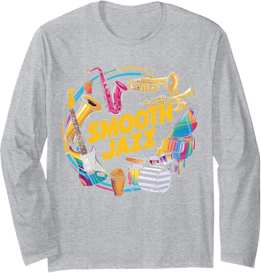 Smooth Jazz Colorful Music Instrument Jazz Love Musician Long Sleeve T-Shirt - Adult Unisex Heather Grey