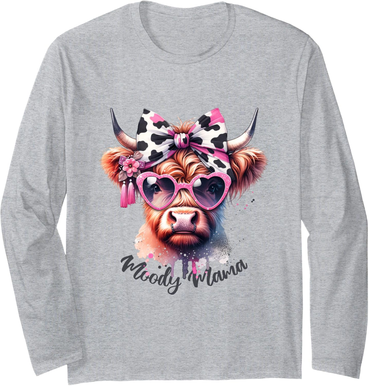 Funny Highland Cow Mom Moody Mama Print Bow Messy Bun Pink Long Sleeve T-Shirt - Adult Unisex Heather Grey