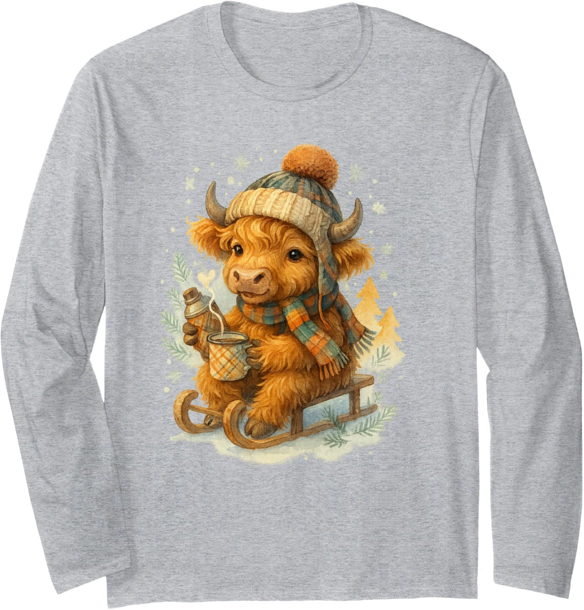 Highland Cow Winter Watercolor On Sled with Hot Cocoa Long Sleeve T-Shirt - Adult Unisex Heather Grey