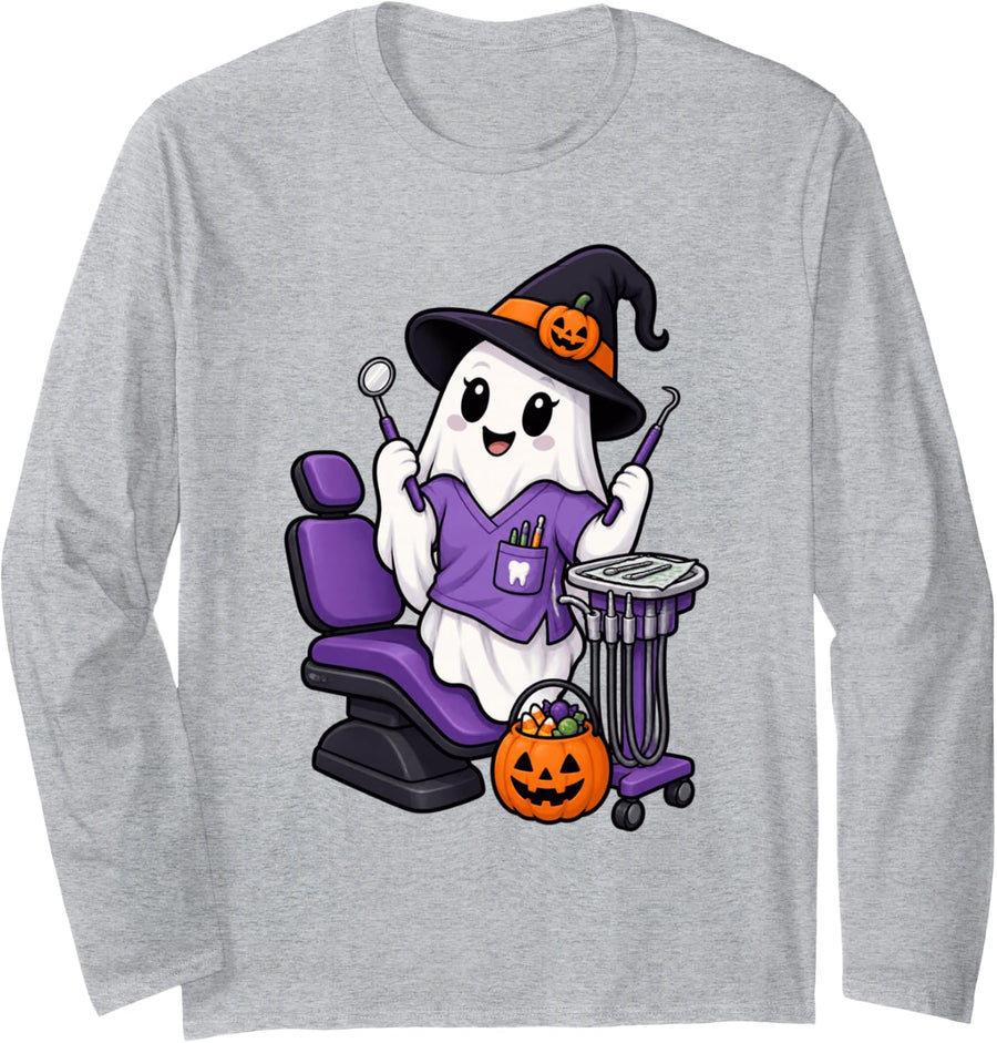 Cute Ghost Dentist Halloween Spooky Season Dental Long Sleeve T-Shirt - Adult Unisex Heather Grey