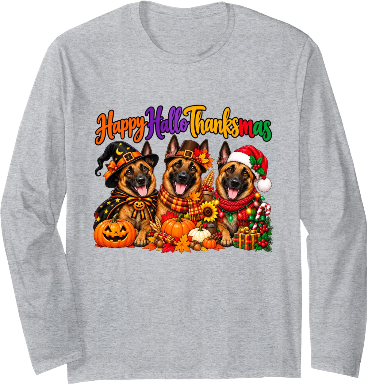 Belgian Malinois Happy Hallothanksmas Halloween Thanksgiving Long Sleeve T-Shirt - Adult Unisex Heather Grey