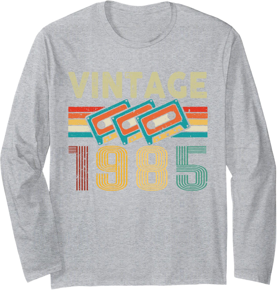 Vintage 1985 Classic Birthday Vintage 1985 Cassette Tape Long Sleeve T-Shirt - Adult Unisex Heather Grey