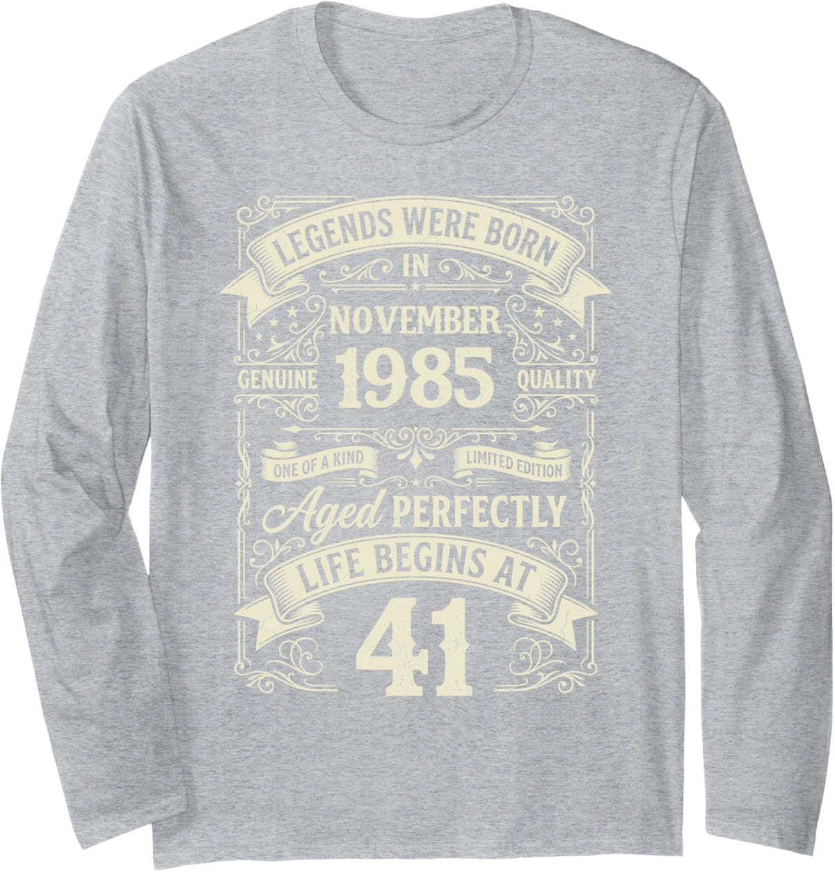 Vintage 41st Birthday Legends Born in November 1985 Long Sleeve T-Shirt - Adult Unisex Heather Grey