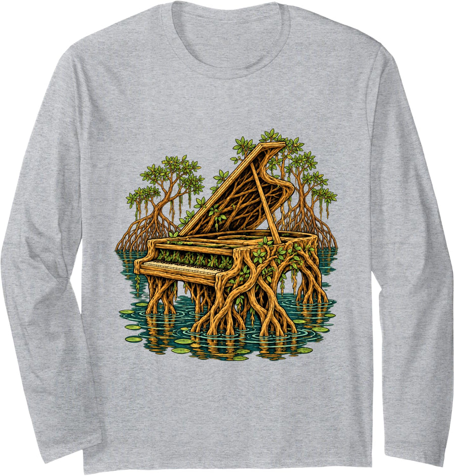Mangrove Grand Piano Swamp Forest Botanical Music Art Long Sleeve T-Shirt - Adult Unisex Heather Grey